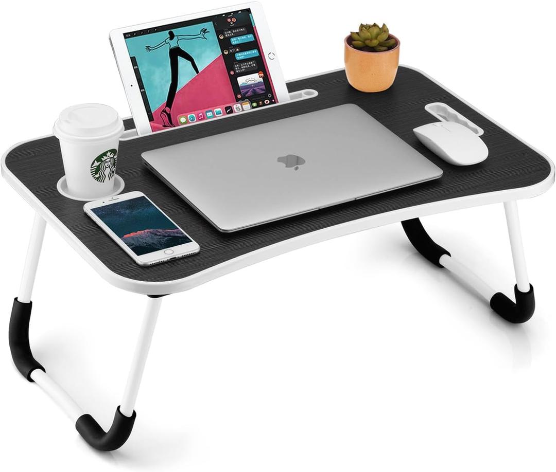 FISYOD Foldable Laptop Table, Portable Lap Desk Bed Table Tray, Laptop Stand with Cup Holder & Tablet Slot & Lifting Handle for Working Writing Drawing & Eating (Black Grain)