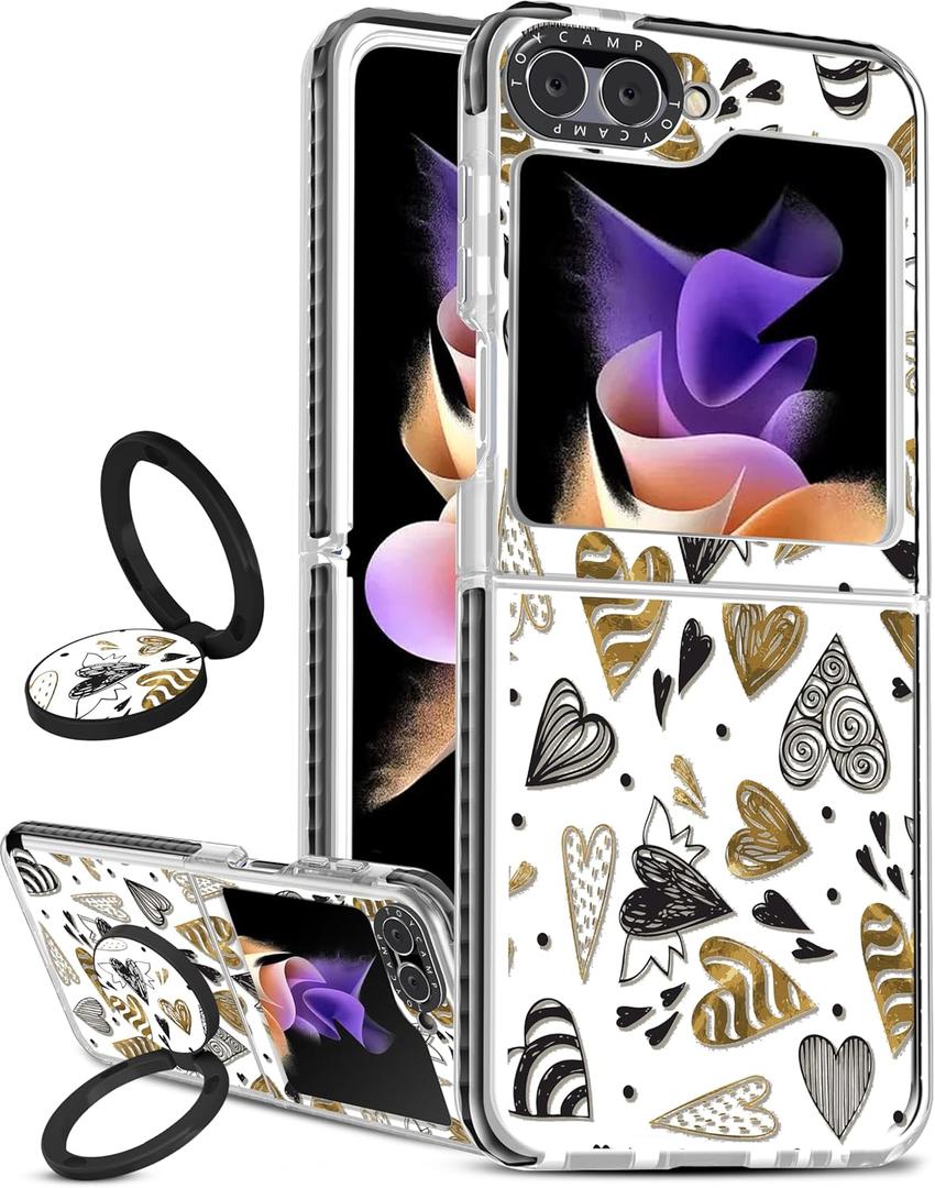 Toycamp for Samsung Galaxy Z Flip 5 Case with Ring Holder, Cute Heart Graffiti Designed Fun Funny Shockproof Protective Designer Phone Cases for z flip 5 for Women Girls Boys Teens Kids