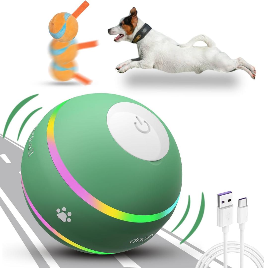 OULUXYLS Dog Balls, The 3rd Generation Interactive Toys for Puppy/ Small/ Medium/ Large Dogs, Improved Dog Rolling Effect Tennis Ball with Strap, Tough Motion Activated Automatic Moving Dog Toys (Green)