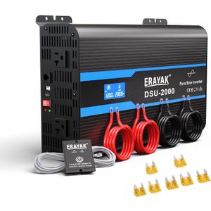 Erayak 2000W Pure Sine Wave Power Inverter 12V DC to 110V 120V AC Converter for Home, RV, Truck, Off-Grid Solar with 18W USB-C, Fast Charger, LCD Monitor, 6m Remote Controller