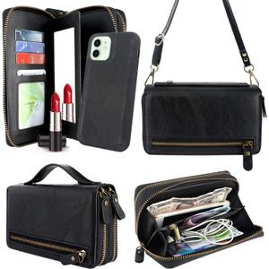 Harryshell Compatible with iPhone 12 / iPhone 12 Pro Case Wallet Multi Zipper Detachable Magnetic Cover Clutch Purse with Card Slots Mirror Crossbody Chain Wrist Strap (Black)