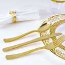 150 Count Gold Plastic Dinnerware Set, Elegant Disposable Include: 25 Gold Lace Plastic Plates, 25 Dessert Plates, 25 Forks, 25 Knives, 25 Spoons, 25 Cup, Ideal for Party, Birthday and Thanksgiving