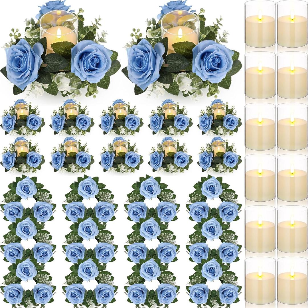 Yunlly 12 Pcs Rose Candle Rings with Flameless Candles Sets, Artificial Flower Eucalyptus Wedding Centerpiece 3 Inch Pillar Candleholders Wreaths for Wedding Party Mother's Day (Blue)