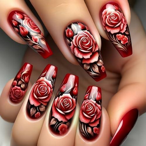 Red Press on Nails Long Coffin Valentines Day Fake Nails with Red Rose Flower Design Long Ballet Shape False Nails Valentine Floral Glue on Nails Artificial Stick on Nails Kit for Women Girls 24Pcs