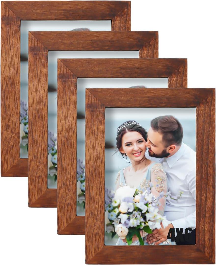 Ray & Chow 4x6 Picture Frames Set of 4, Made of Solid Wood and Real Glass, Display 4x6 Photos for Tabletop and Wall Mount,Rustic Brown
