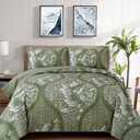 Green Quilt Set King, 3 Pieces Green and Silver Damask Printed Bedspread King Sizes Coverlet Set Soft Lightweight Microfiber Bedding Set for All Season (104"x90")
