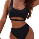 Blooming Jelly Women's High Waisted Bikini Sets High Cut Bathing Suits Two Piece Sporty Cut Out Swimsuits (Medium, Dark Black)