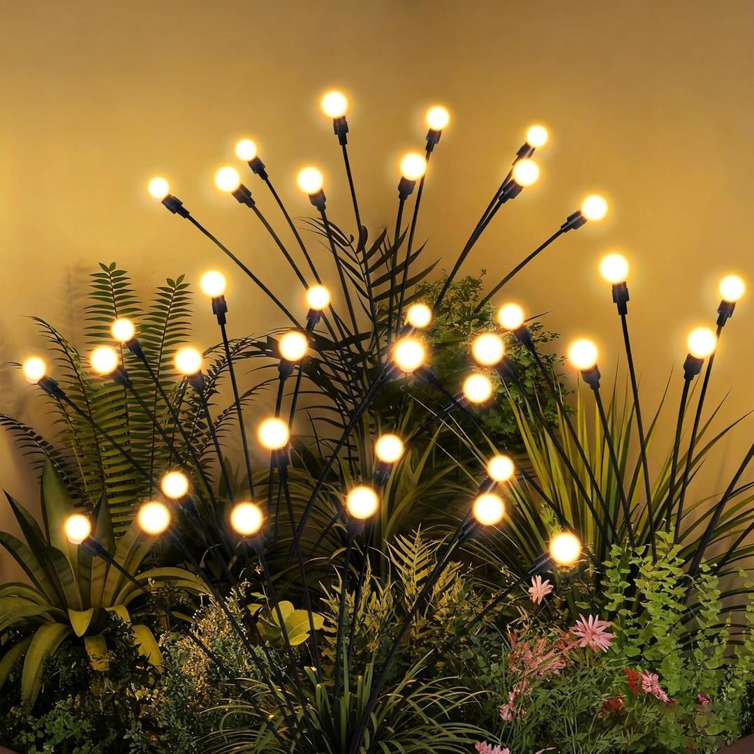 Solar Garden Lights, LED Swaying Solar Lights Outdoor Waterproof, Warm White Firefly Outdoor Decorative Lights, Garden Decor, Yard, Patio, Pathway Decoration Gardening Gifts (2 Pack)