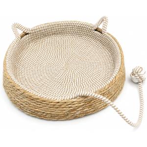 Handwoven Cat Basket Basket with Cotton Rope Liner Cat Ear Design Round Cat Scratcher Bed with Interactive Toy Ball Breathable All Season Scratch-Resistant Woven Cat Bed for Indoor Cats All Breeds