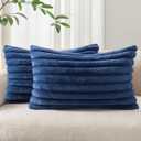 Faux Fur Plush Lumbar Throw Pillow Covers 12x20 Set of 2, Luxury Soft Fluffy Striped Decorative Pillow Covers for Sofa, Couch, Living Room, Navy Blue