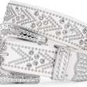 JASGOOD Rhinestones Belt for Women Men Plus Size Western Cowboy Cowgirl Studded Diamond Leather Waist Belt for Jeans Pants (Fit size 31"-35", A-silver White)