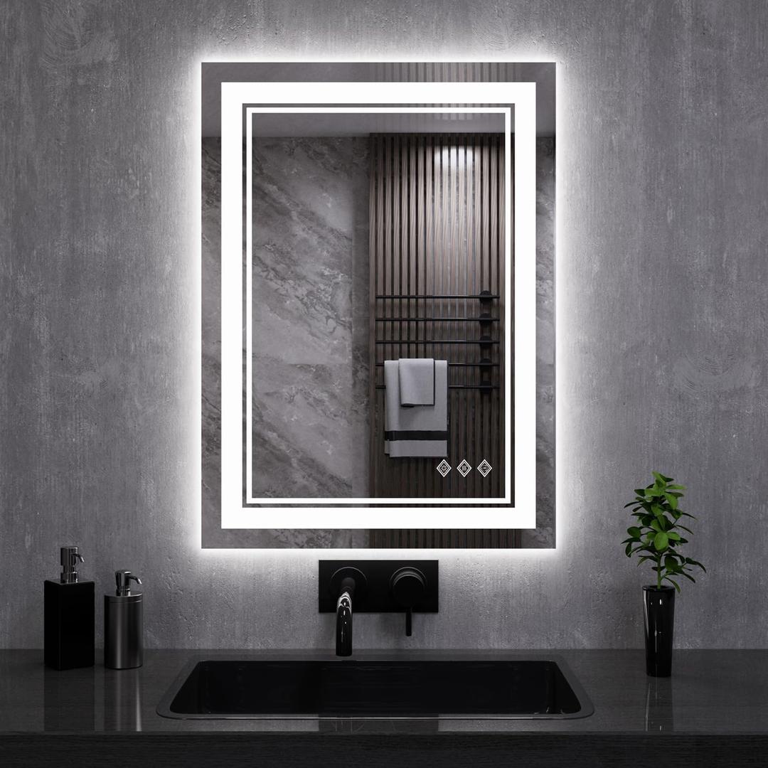 LED Mirror, 20x28 Inch Gradient Front and Backlit LED Bathroom Mirror, 3 Colors Dimmable CRI>90, IP54 Enhanced Anti-Fog Bathroom Mirror with Lights