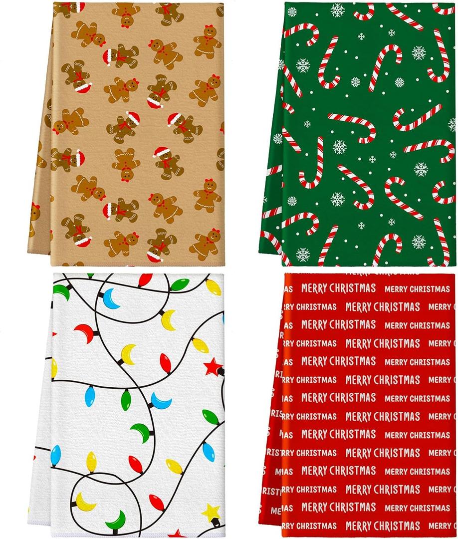 Sratte 4 Pcs Christmas Dish Towels for Kitchen 18x 30 Inch Geometric Quick Dry Microfiber Gingerbread Candy Cane Merry Christmas Tea Towel Absorbent Reusable Xmas Dishcloth for Kitchen Decoration Gift