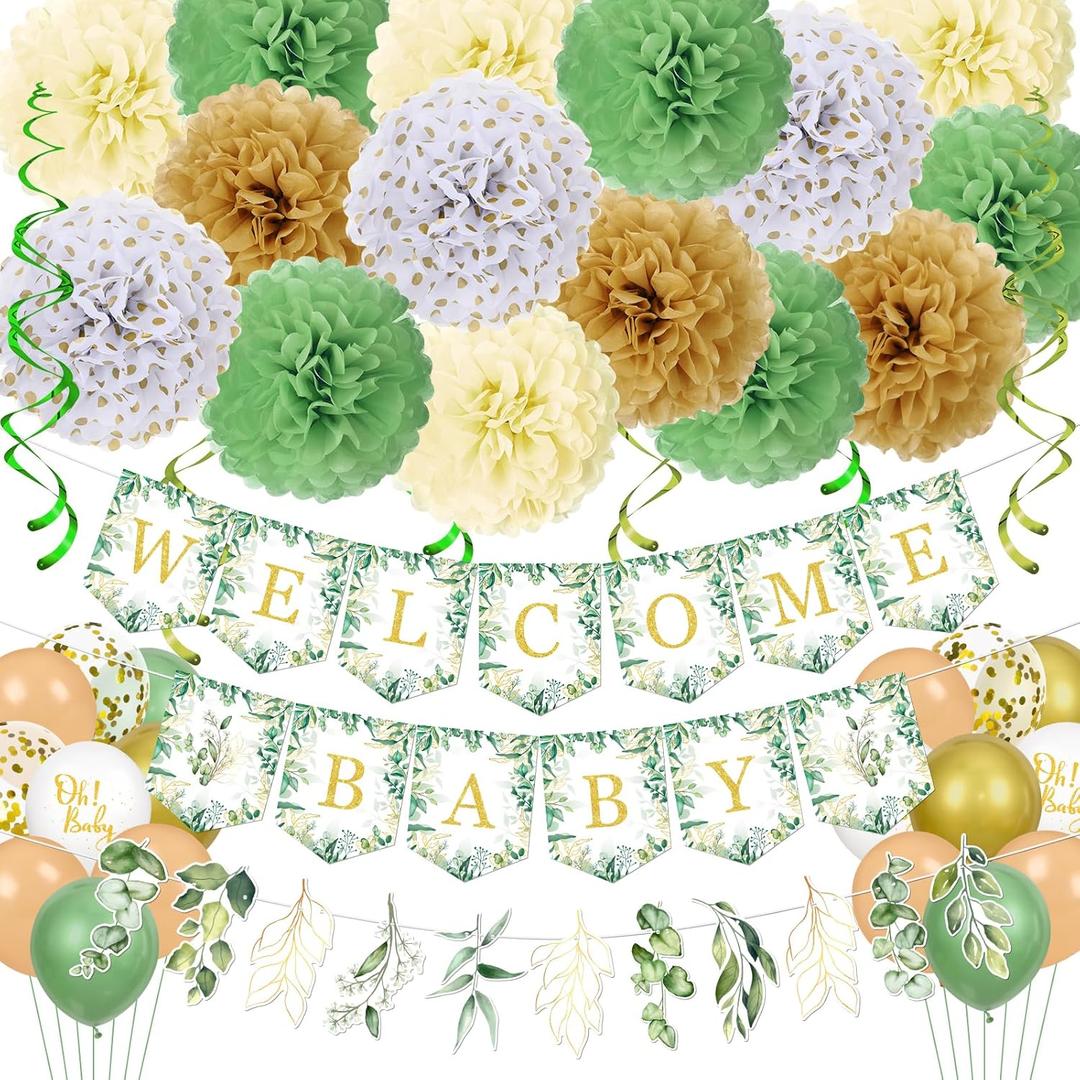 42pcs Baby Shower Decoration, Neutral WELCOME BABY Banner,3 Eucalyptus Leaves Pennant, 15 Greenery Paper Flower,6 Hanging Swirls,18 Balloons for Boy Girl Birthday Party (Sage Green)