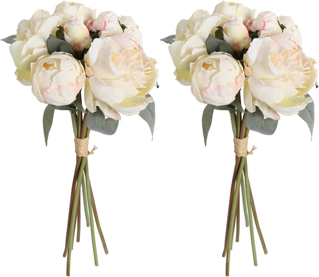 White Artificial Peonies 2 Bouquets Silk Flowers 14Heads Vintage White Fake Flowers Faux Peony Flowers for Flower Arrangements Artificial Centerpiece Home Table Dining Room Decor (Ivory White)