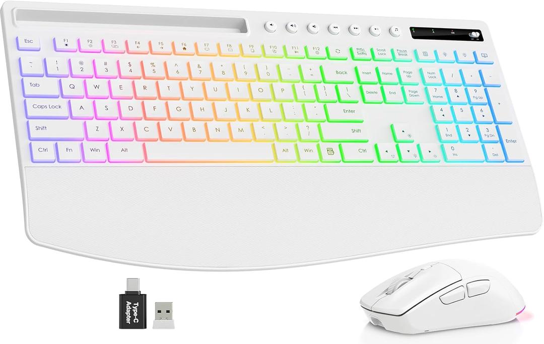 Trueque Wireless Keyboard and Mouse Combo, 4000mAh Rechargeable Backlit Keyboard with Wrist Rest & Phone Holder, Full Size Quiet Typing 2.4G USB-A/Type-C for PC Laptop Windows Mac (White)