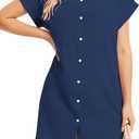Cocoinsity Women's Casual Cotton Linen Dress Button Down Short Sleeve V Neck Loose Dress Summer Tunic Mini Dresses (Blue, S)