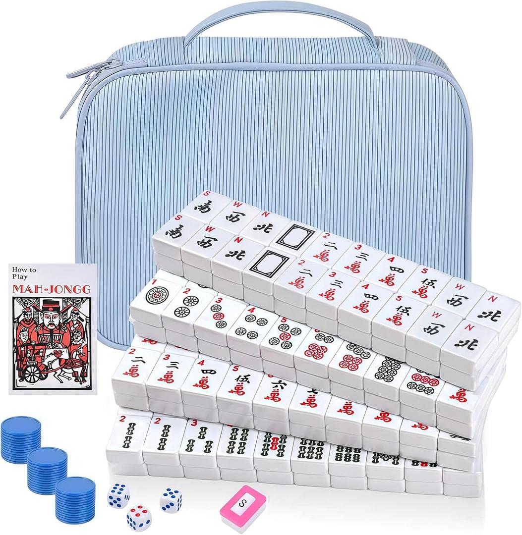 Portable American Mahjong Set, 166 Mahjong Tiles with Carrying Bag, 3 Dice, 40 Chips, Wind Indicator, Instruction Book, Compact Travel Game Set