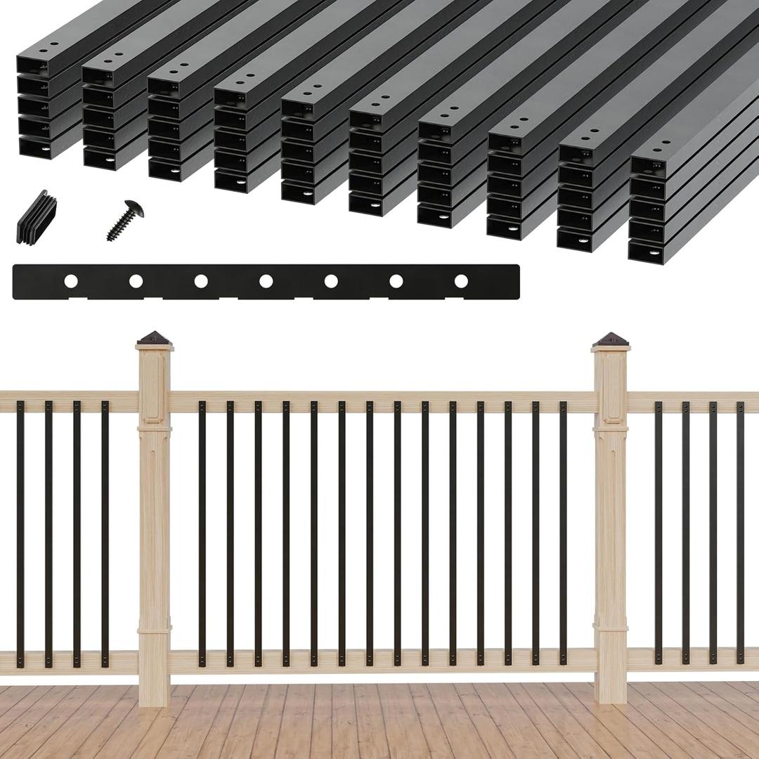 50 Pack 38" Hollow Aluminum Deck Balusters with Screws, Metal Balusters for Deck Railing Rectangular Spindles for Outdoor Porch Balusters, Matte Black, Includes Installation Spacing Guide