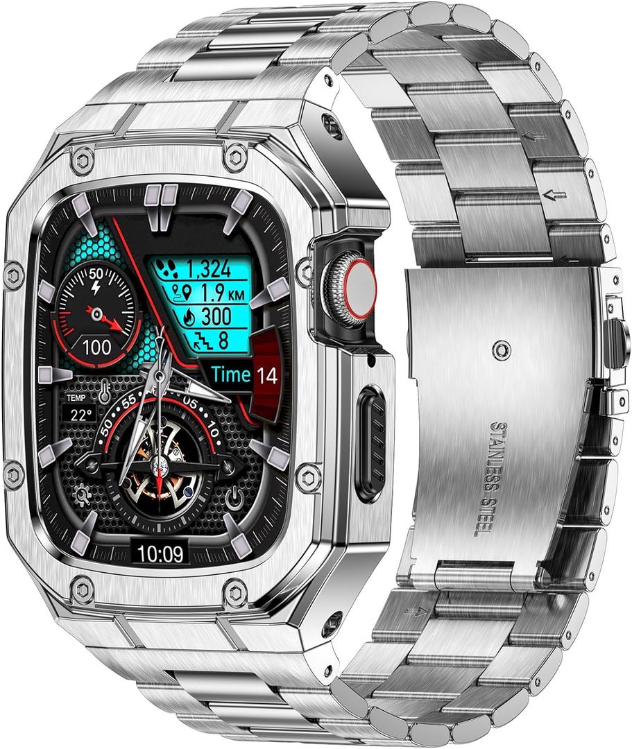 Stainless Steel Watch Band with Case Compatible with Apple Watch Series 9 8 7 (45mm), Rugged Strap with Metal Protective Bumper Cover for iWatch Bands Men (Silver)