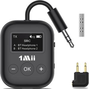 1Mii Airplane Bluetooth 5.3 Transmitter for All Headphones - Bluetooth Adapter for TV - Dual Connection - aptX Low Latency - Flying Travel, Wireless Audio Aux for MP3, Game, PC-Black