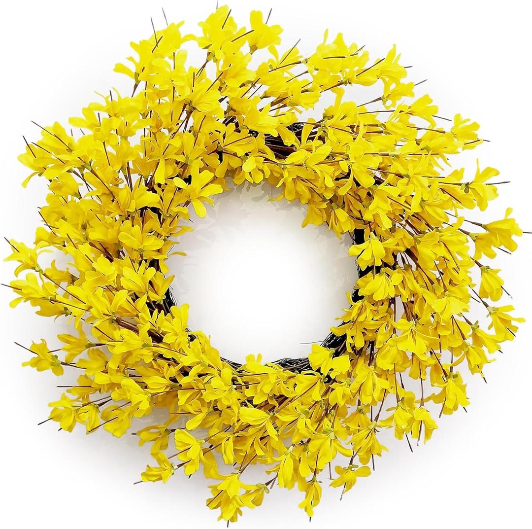 Yellow Forsythia Door Wreath Huashen 24 Inch Spring Summer Front Door Wreath Blossom Cluster Flower Farmhouse on Grapevine for Christmas Celebration Wall Window Decoration Hanging