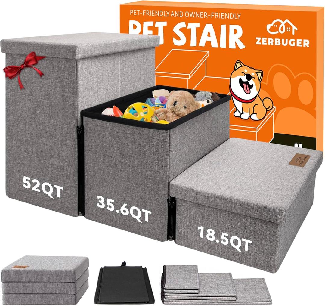 Zerbuger Wider Dog Stairs with Storage 18" H, 3-Step Sturdy Dog Steps for Large/Medium/Small Older Senior Dogs Cats, Folding Pet Stairs Climbing Bed or Couch, Arthritis-Friendly (Gray, No Condo)