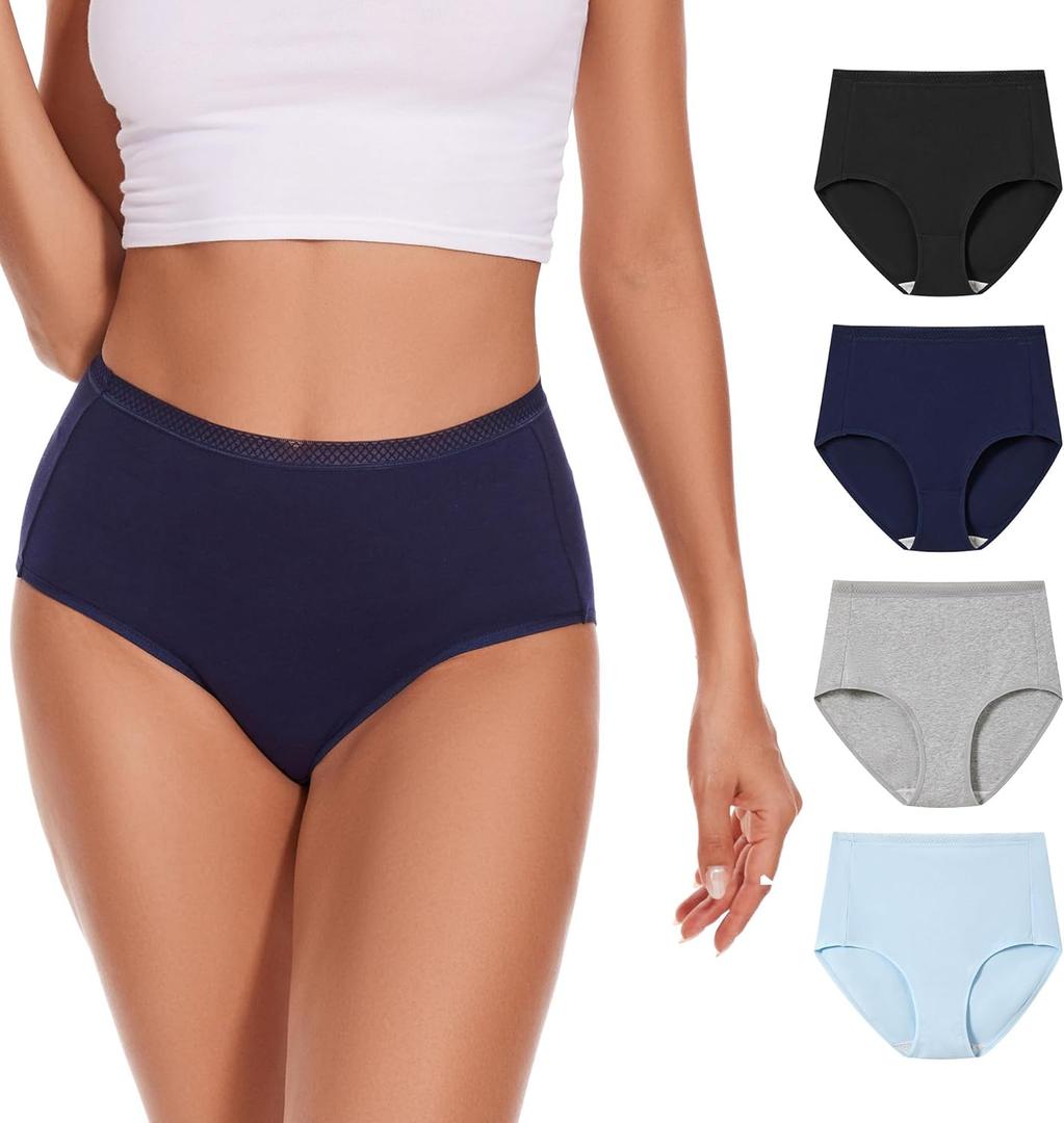 High Waisted Cotton Underwear for Women Lace Full Coverage Panties Soft Stretch Ladies Briefs (Multipack) (Large, Black,gray,dark Blue,light Blue)