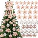 49 Pcs Rose Gold Christmas Tree Decoration Set Tree Topper Bow 24 Pcs Christmas Glitter Artificial Poinsettia Flowers and 2.36 Inch Xmas Ball Ornaments for Xmas Party Holiday Decor