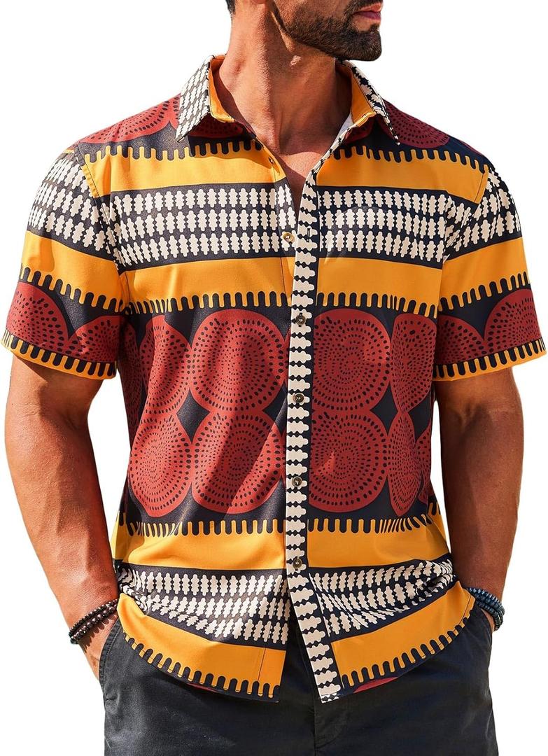 Runcati Mens Short Sleeve Shirts Button Down African Traditional Pattern Dashiki Shirt Casual Vintage Floral Hippie Tops (3X-Large, Yellow)