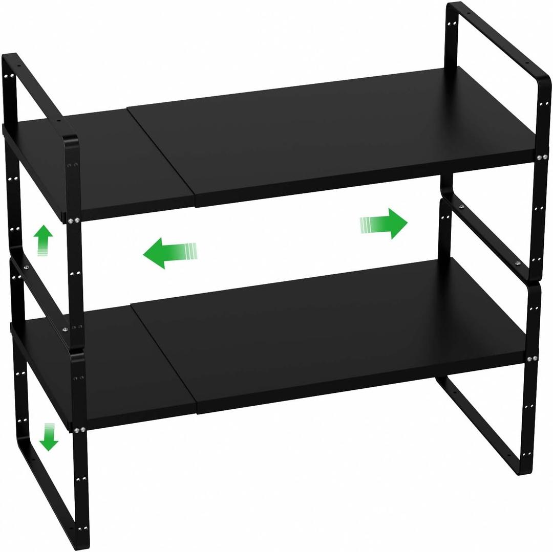 Cabinet Organizer Shelves,Expandable Spice Racks in Cabinet,Countertop Cupboard Pantry Shelves,Adjustable Storage Racks for Kitchen Bathroom Under Sink,2 Packs,8.07" D,Black