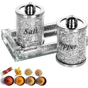 Crystal Salt and Pepper Shakers Set with Tray, Sparkly Crystal Crushed Diamond House Decor for Kitchen, Bling Salt Pepper Jar Container Pot for Countertop, saleros para cocina elegantes, Silver