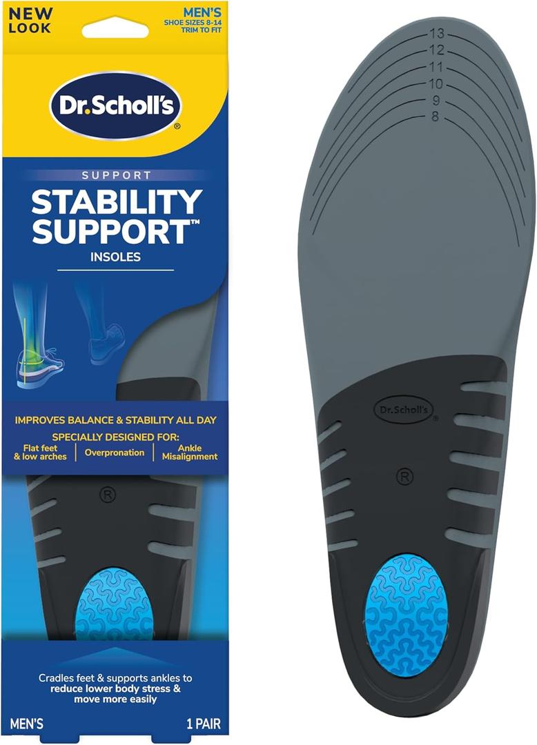 Dr. Scholl's Stability Support Insoles, Flat Feet & Overpronation Low Arch Support, Improves Balance & Stability, Motion Control, Trim Inserts to Fit Shoes, Men's Size 8-14