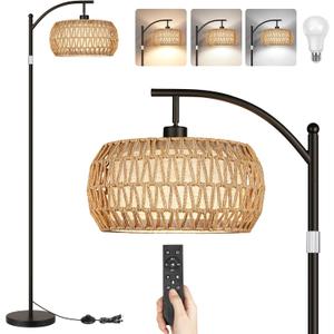 ROTTOGOON Boho Floor Lamp with Dimmable Bulb, Rattan &Linen Double Shades, Boho Standing Tall Lamps with Foot Switch, Bohemian Floor Lamps for Living Room, Bedroom, Office (Black + Brown shade)