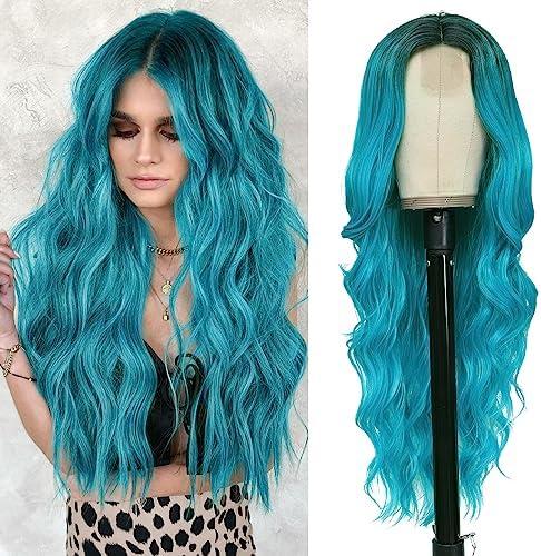 NAYOO Long Ombre Bluish Green Wavy Wig for Women 26 Inch Middle Part Curly Wavy Wig Natural Looking Synthetic Heat Resistant Fiber for Daily Party Use (Ombre Bluish Green)