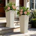 24" Tapered Tall Planters for Outdoor Plants with Tray&Shelf, Beige, 23.6"H x 10.2"W x 10.2"W