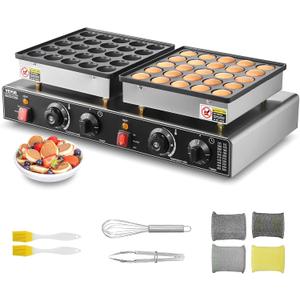 VEVOR 50PCS Mini Dutch Pancake Maker, Non-stick Stainless Steel Dorayaki Baker, 1800W Commercial Electric Poffertjes Grill Pan, Dual Temp & Time Control, for Kitchen Restaurant Breakfast Dessert