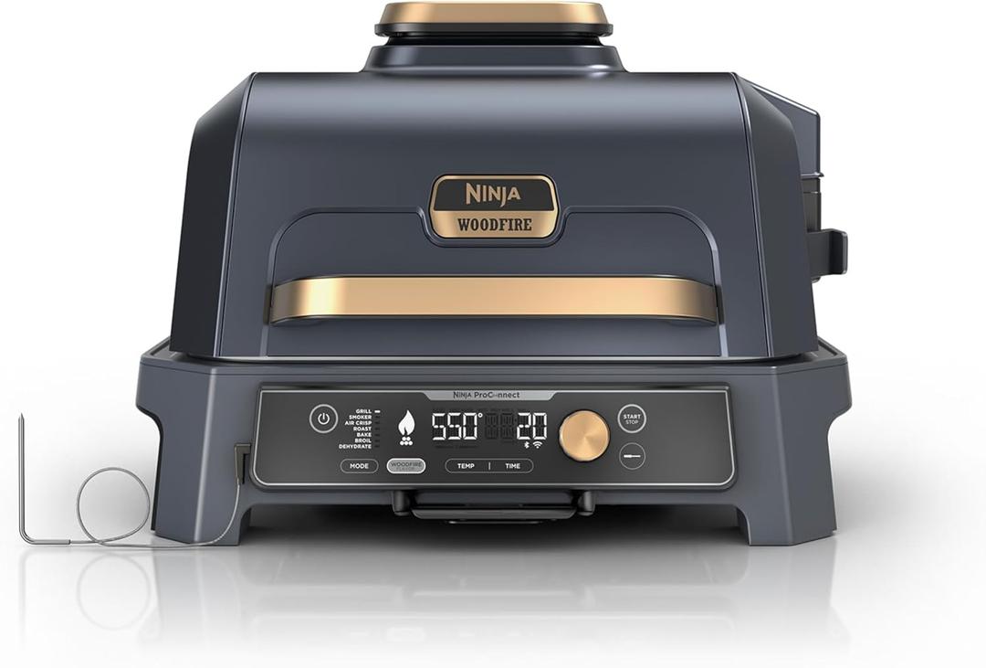 Ninja Woodfire Pro Connect XL Outdoor Grill & Smoker | Bluetooth, App Enabled | 7-in-1 Grill, BBQ Smoker, Outdoor Air Fryer | Woodfire Technology | Built-In Thermometer | Blue & Gold| OG951BL1