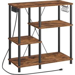HOOBRO Bakers Rack with Power Outlet, Microwave Stand with 5 S-Shaped Hooks, Coffee Bar, Kitchen Storage Shelf, for Kitchen, Living Room, Rustic Brown and Black BF07UHB01 (31.5L x 15W x 33.9H)
