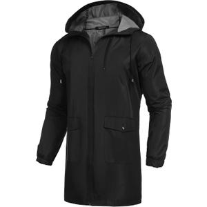 COOFANDY Men's Long Raincoat Ligtweight Rain Jacket Waterproof Outdoor Jackets with Hood (Black, M)