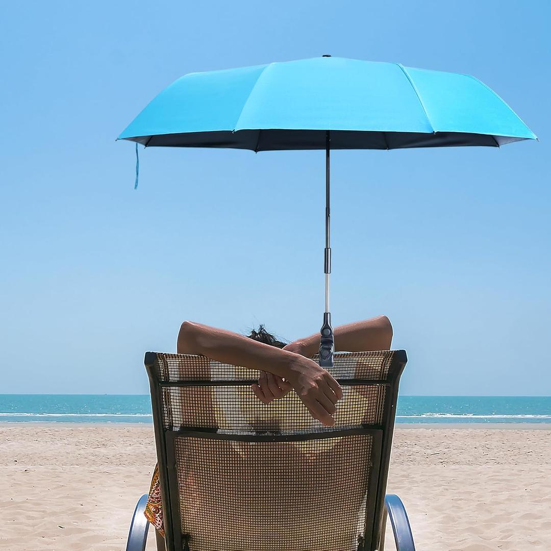 Beach Chair Umbrella with Clamp, Portable Clip on Umbrella for Outdoor Chairs, Adjustable UPF50+ Sun Shade Umbrellas for Beach Patio Travel Camping Wheelchair Golf Cart, Small 40inch with Storage Bag (Blue)