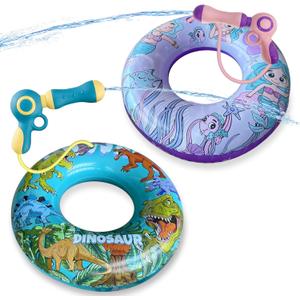 2 Pack Kids Pool Float with Water Gun, Inflatable Swim Ring Pool Toys for Kids Ages 3-12, Dinosaur & Mermaid Squirt Gun Floaties for Pool Party, Beach, Backyard Water Fight Summer Toy