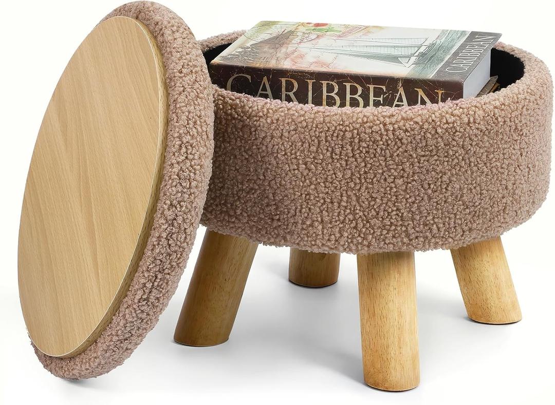 OGEMXU Ottoman Foot Rest, Small Round Ottoman with Storage, Boucle Teddy Velvet Footstool with Wood Legs, Soft Sponge Storage Ottoman for Living Room, Bedroom, Couch, Enterway (Camel Brown)