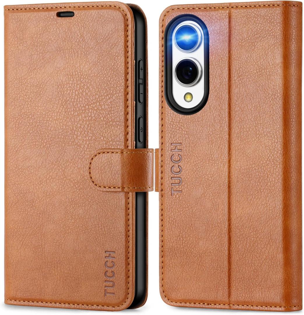 TUCCH Wallet Case for Galaxy S25 Edge, [RFID Blocking] Stand [4 Card Slots] Magnetic PU Leather Protective Folio Cover [TPU Shockproof Interior Case] Compatible with Galaxy S25 Edge 6.7", Light Brown
