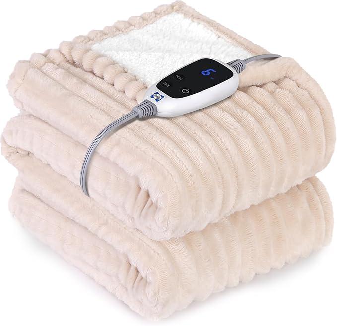 SEALY Electric Blanket Heated Throw, Soft Cozy Ribbed Flannel to Sherpa Reversible Safe Heating with 6 Heat Settings & 210 Hours AutoOff OverHeat Protection, Machine Washable, 50"x60" Beige