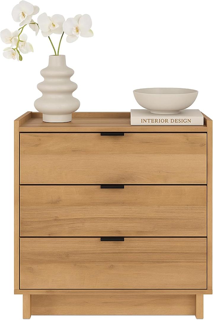 Prepac Simply Modern Nightstand Bedside Table, Natural Oak Nightstand for Bedroom, End Table with 3 Drawers 26.5" W x 26.75" H x 16" D