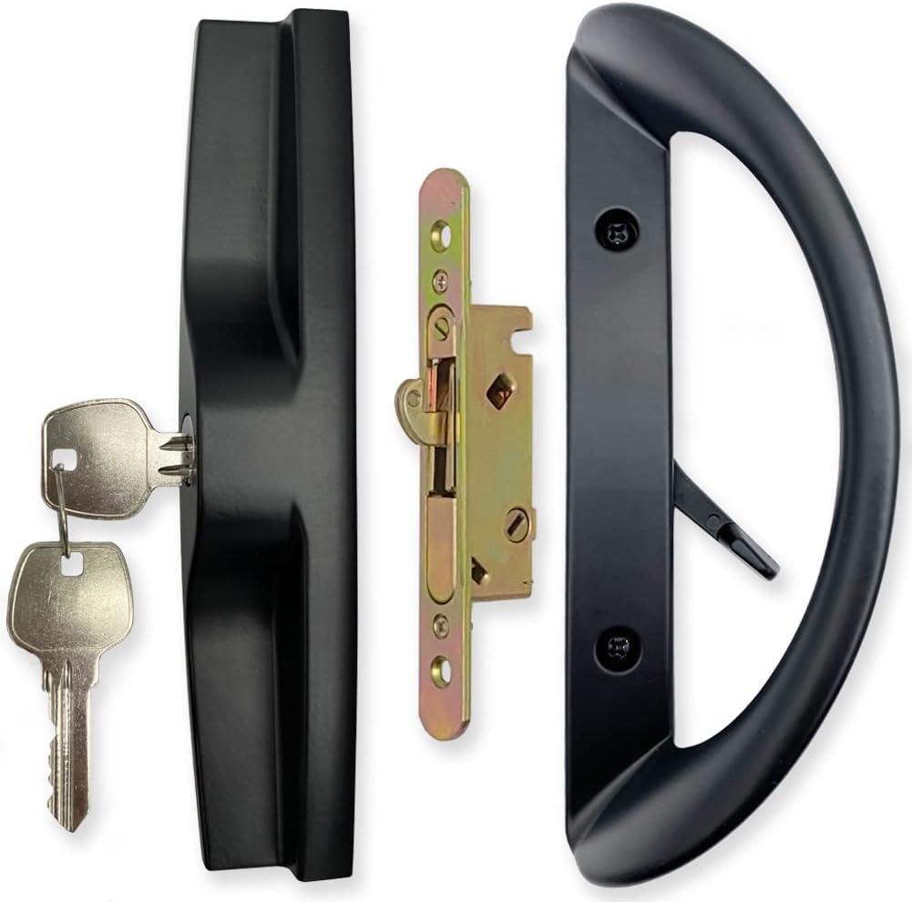 ALLYWASAI Patio Sliding Door Handle Set with Mortise Lock, Key Cylinder and Face Plate, Full Replacement Handle Lock Set Fits Door Thickness from 1-1/2" to 1-3/4", 3-15/16" Screw Hole Spacing, Black