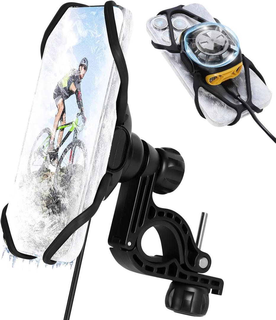 Jhua Bike Phone Holder Mount with Phone Cooler, Universal Phone Holder for Bike Handlebar Clamp, 360 Rotation Bicycle Motorcycle Phone Mount Holder for iPhone 16 15 14 Pro Max Plus 5.2-6.8" Cellphone