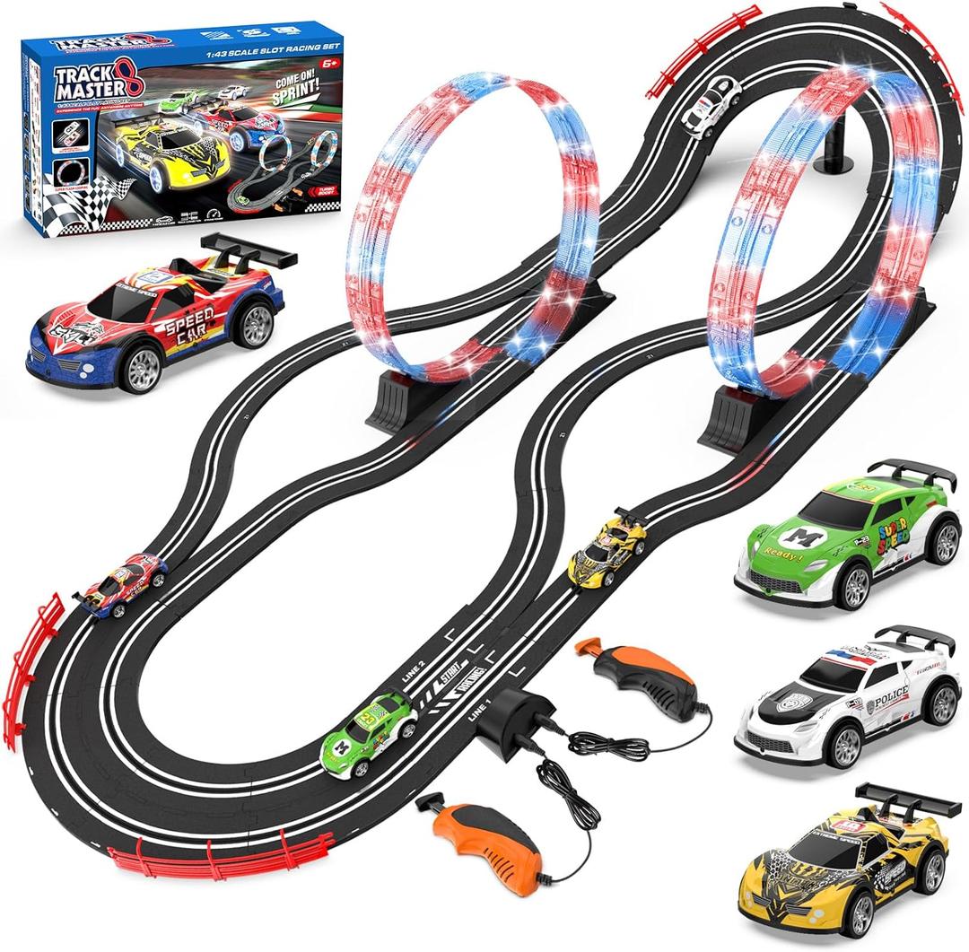2in1 Slot Car Race Track Set with 4 HighSpeed Cars, Electric Track, Dual Racing Game with 2 Controllers, Circular Overpass Design Featuring Flash Tracks. Toy Gift for Boys Kids Ages 46 68 812