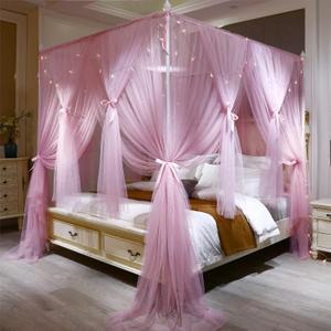 VETHIN 4 Corners Post Princess Bed Canopy Curtain Double Layer Cozy Drape Netting 4 Opening Mosquito Net for Girls & Adults Bedroom Decoration Accessories (Double Pink, 78" Wx86" Lx82"xH/(King))